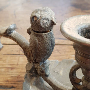 Plated Britannia Metal Chamberstick With Owl Figure Match Holder Antique circa 1880's