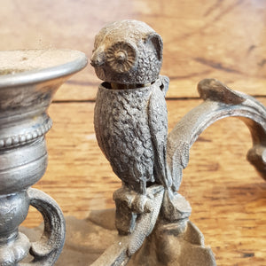 Plated Britannia Metal Chamberstick With Owl Figure Match Holder Antique circa 1880's