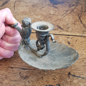 Plated Britannia Metal Chamberstick With Owl Figure Match Holder Antique circa 1880's