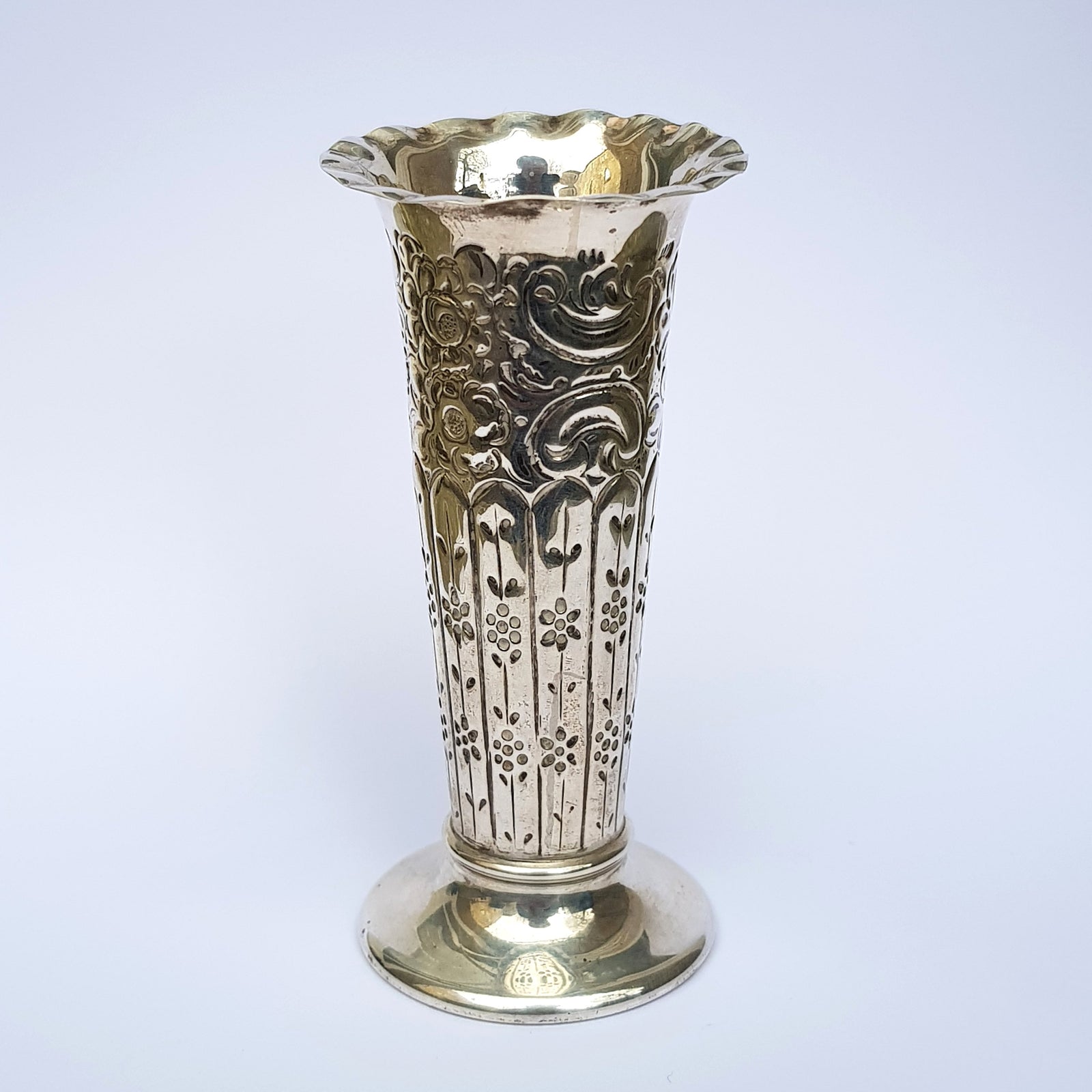 Sterling Silver Ornate Repousse Trumpet Style Specimen Flower Vase Antique Victorian Sheffield Circa 1892