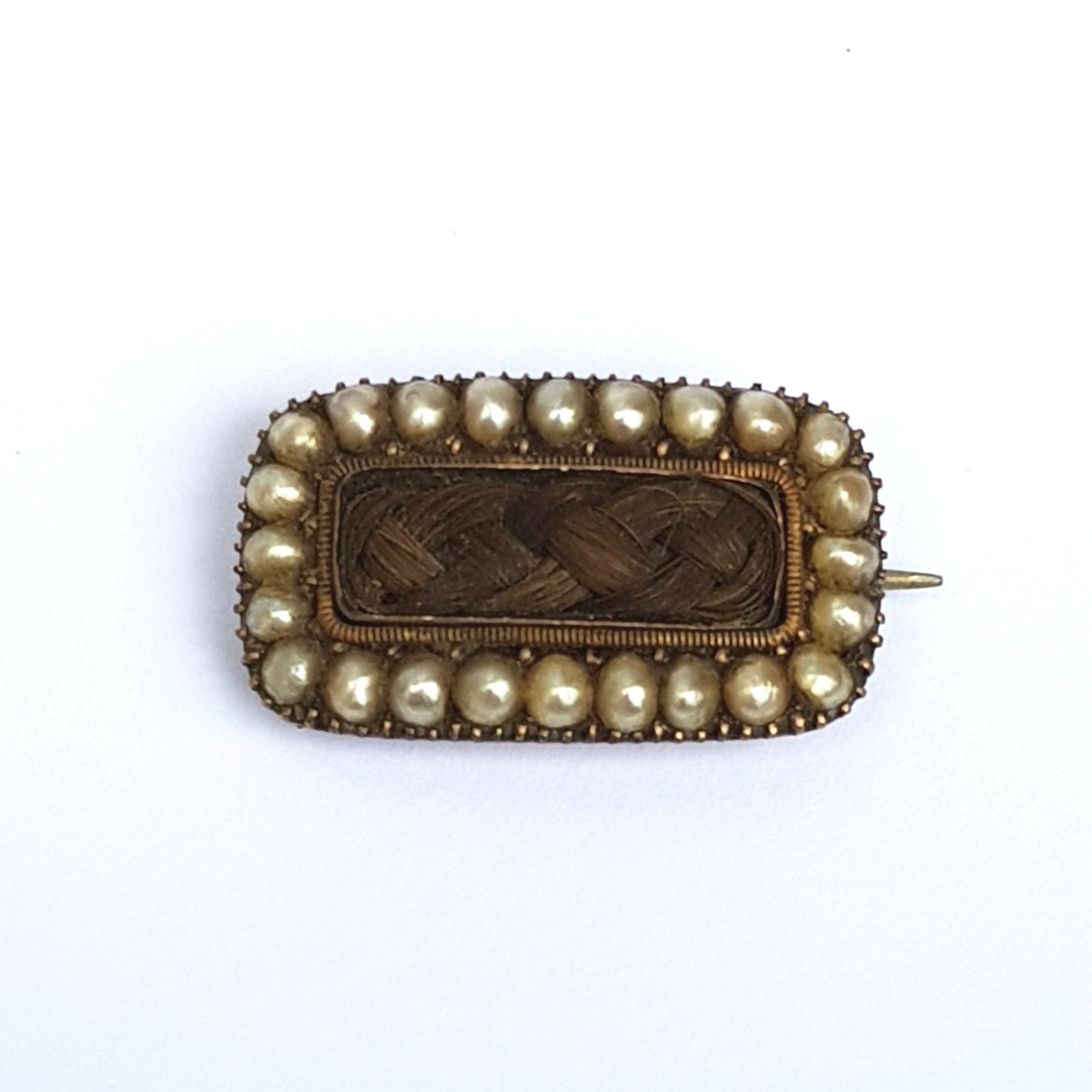 9k Gold Pearl Mourning Brooch With Woven Hair Memento Mori Antique Georgian circa 1810