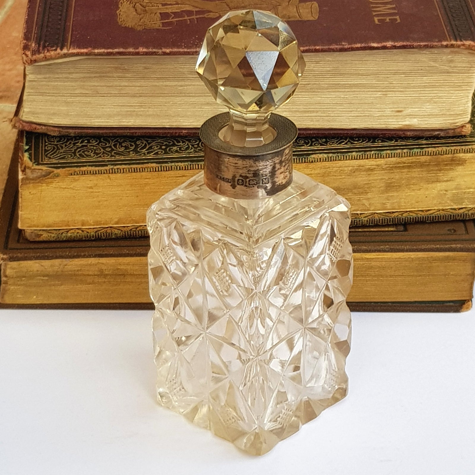 Sterling Silver Mounted Cut Crystal Glass Squared Perfume Scent Bottle Vintage Birmingham circa 1936
