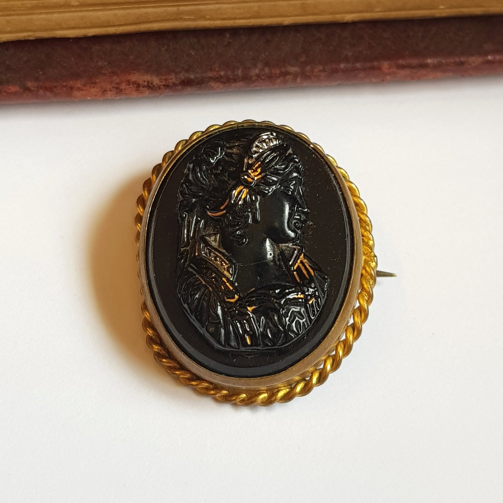 Ormolu Mounted Hand Carved Jet Cameo Brooch Of Grecian Lady Antique Victorian Circa 1890