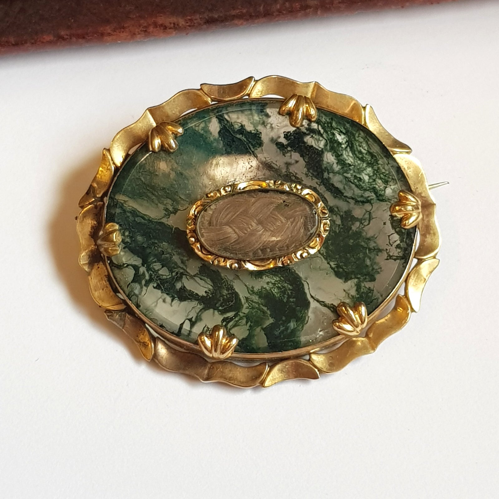Superb Pinchbeck Mounted Carved Moss Agate Mourning Brooch With Woven Hair Antique Victorian Circa 1860's