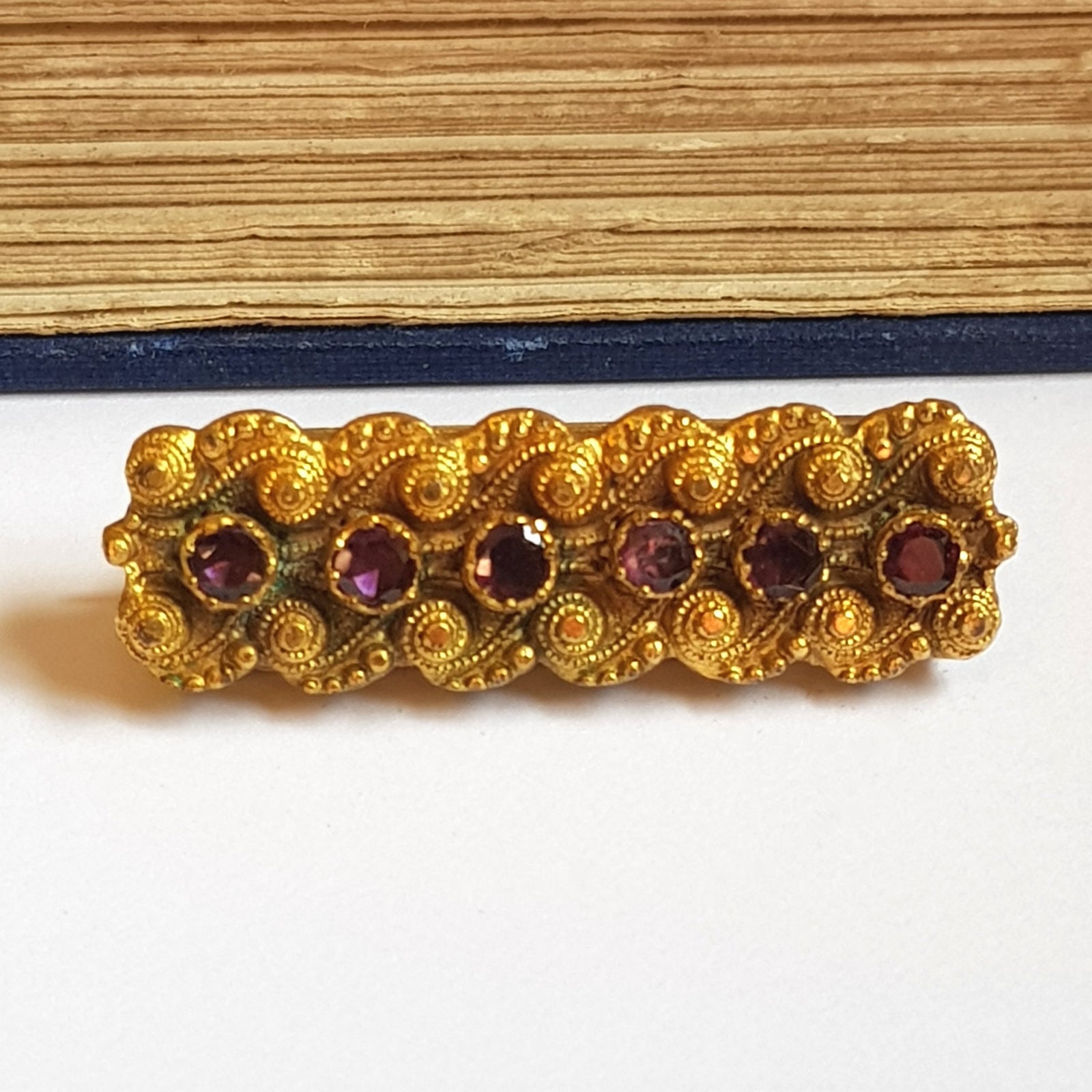 Ornate Almandine Garnet Set Ormolu Bar Brooch Converted From Bracelet Clasp Antique Victorian Circa 1850's
