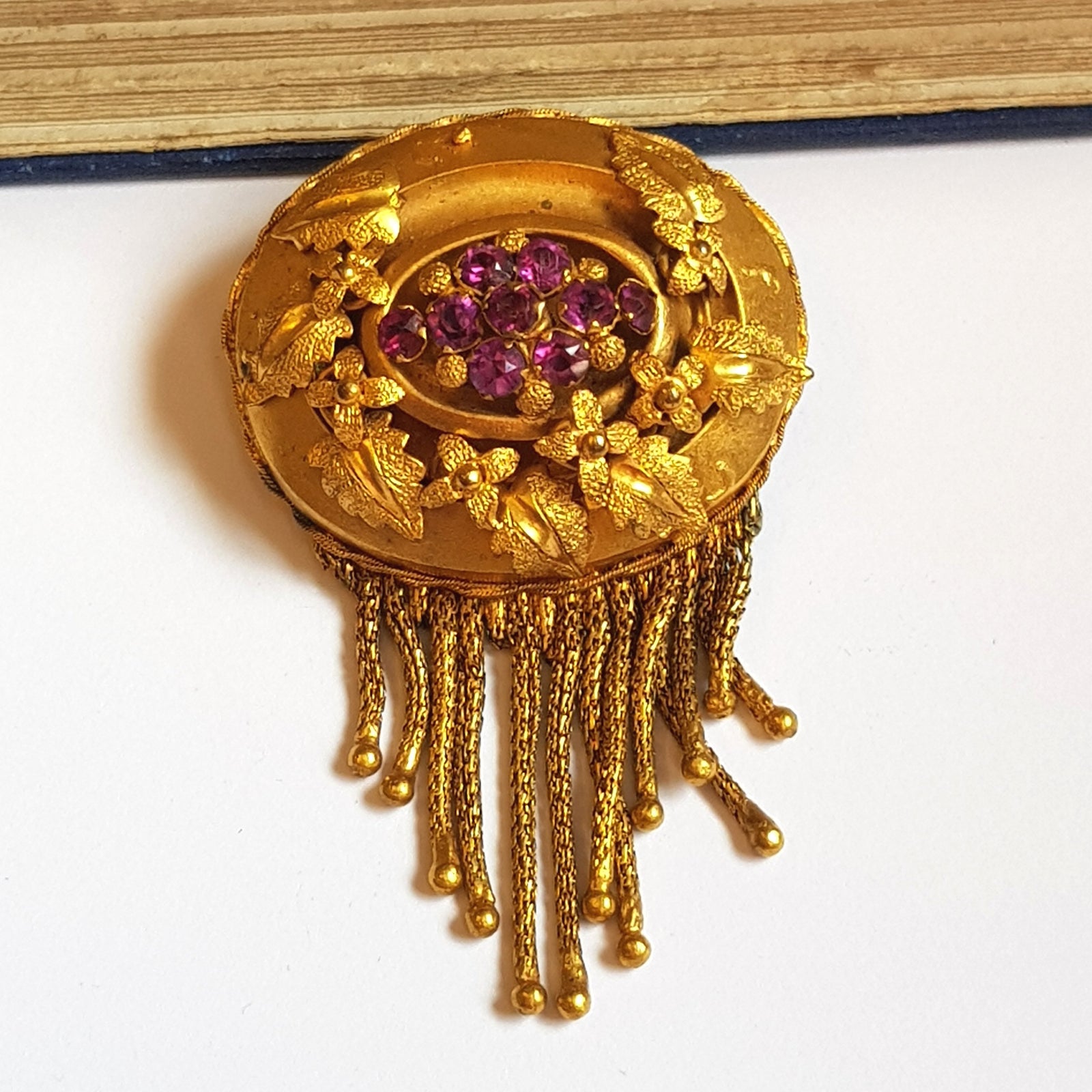 Ornate Amethyst Set Ormolu Primrose Flower Mourning Brooch With Tassel Fringe Antique Victorian Circa 1850's