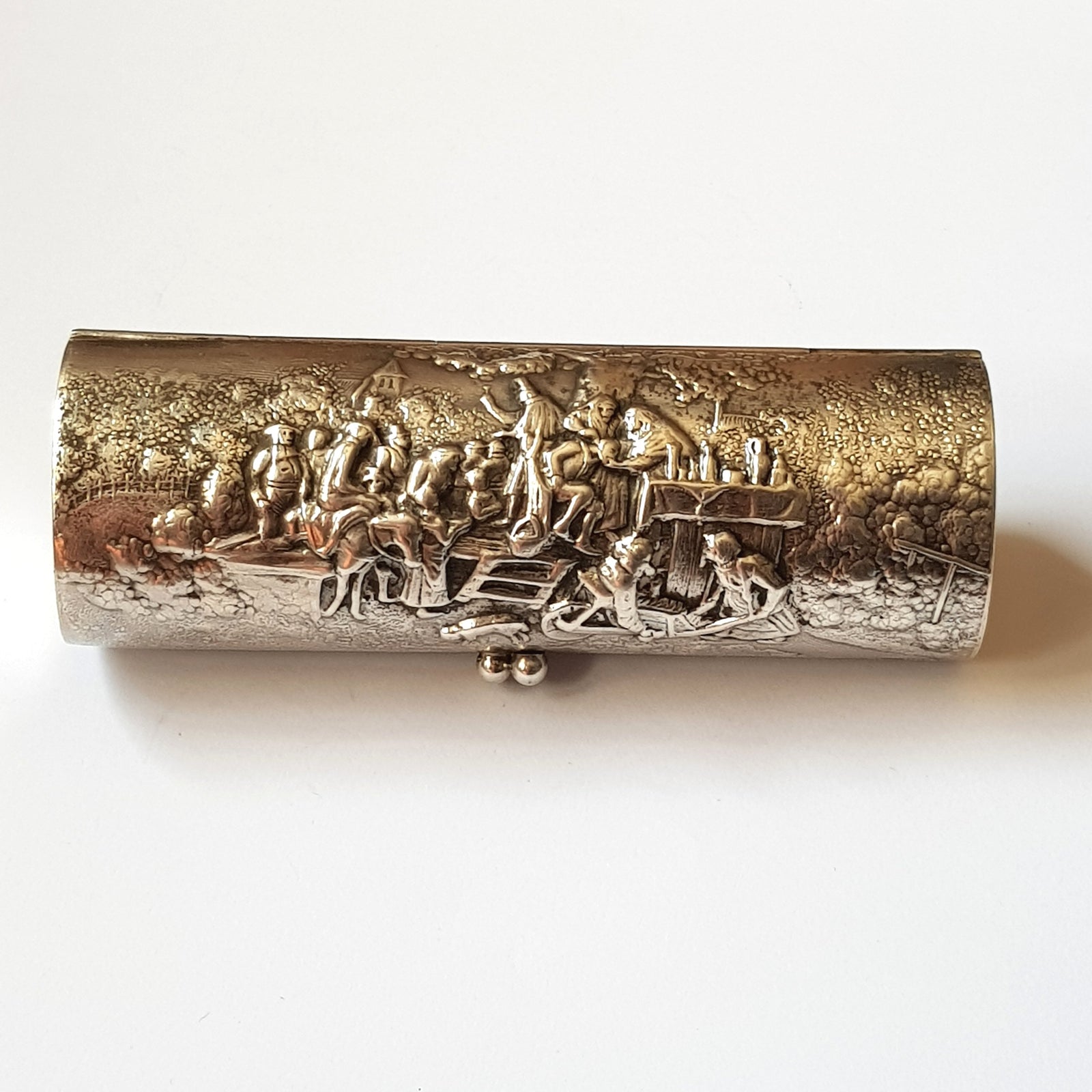 Superb Denmark Silver Plated Cylindrical Box Perfume Bottle Case With Renaissance Repousse Pictorial Scene Vintage Circa 1930's