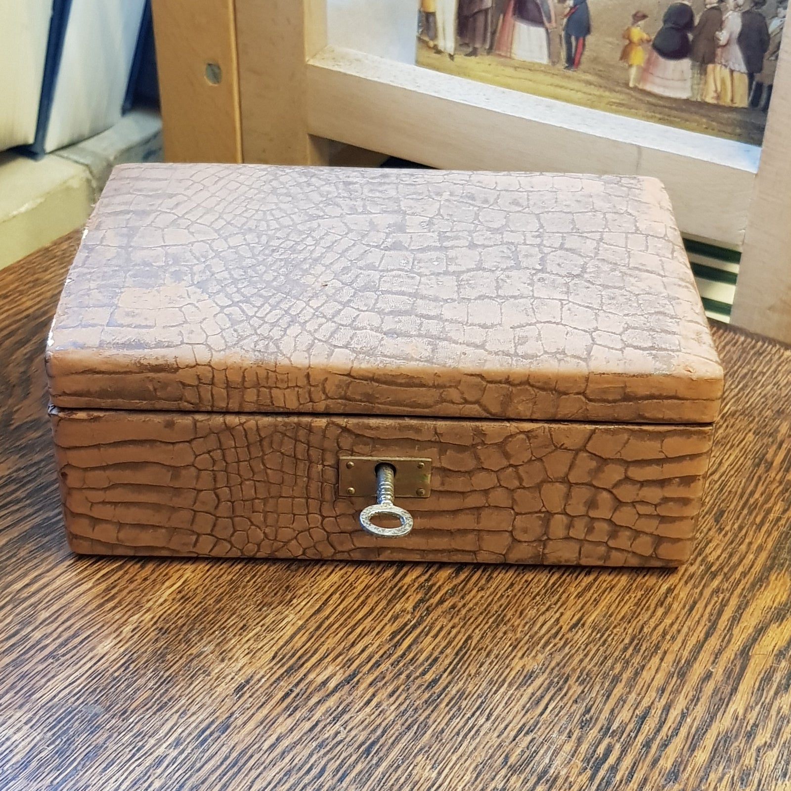 Faux Crocodile Skin Clad Small Sixed Jewellery Lock Box With Key Antique Edwardian circa 1910