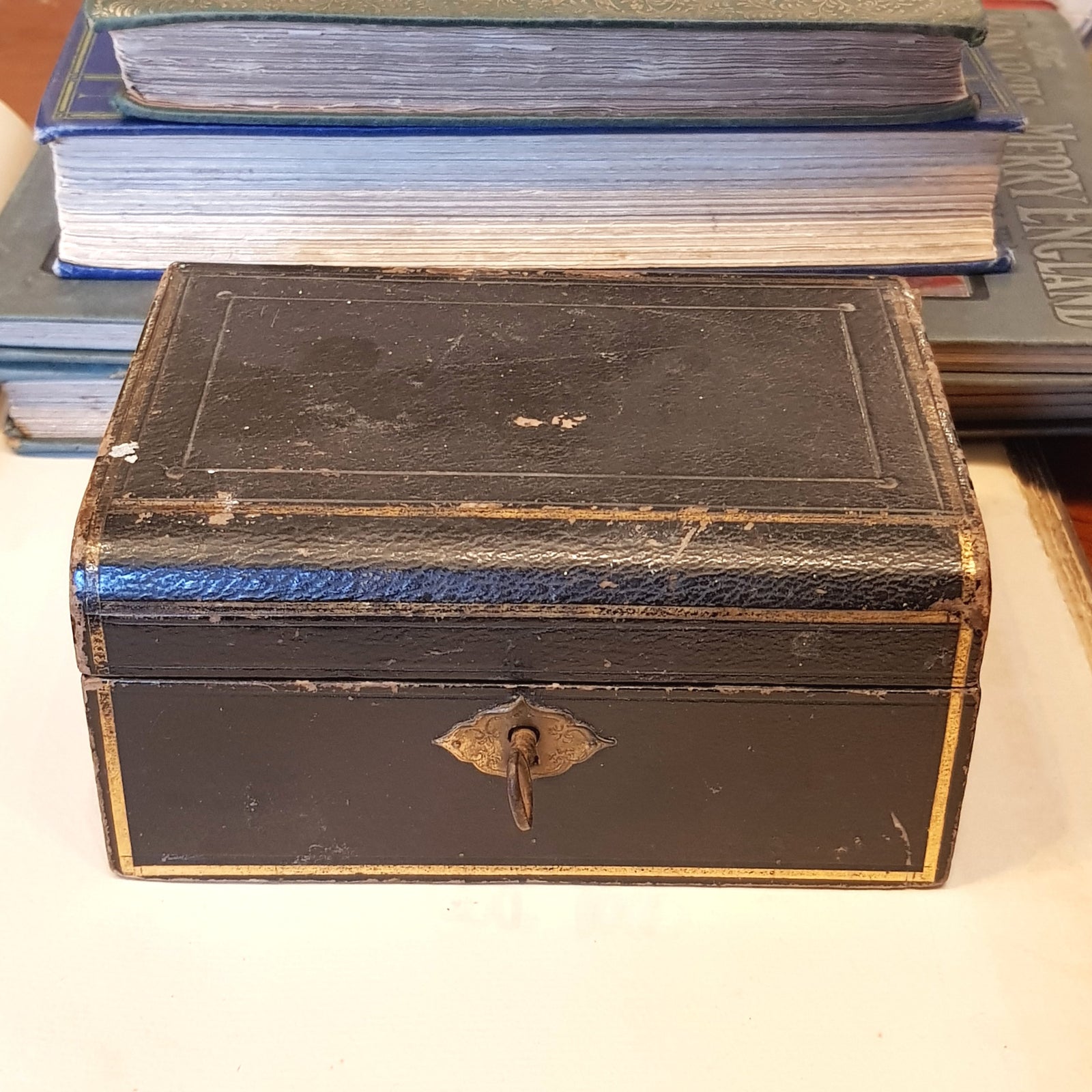 Black Leather Clad Small Sixed Jewellery Lock Box With Key Antique Victorian circa 1890