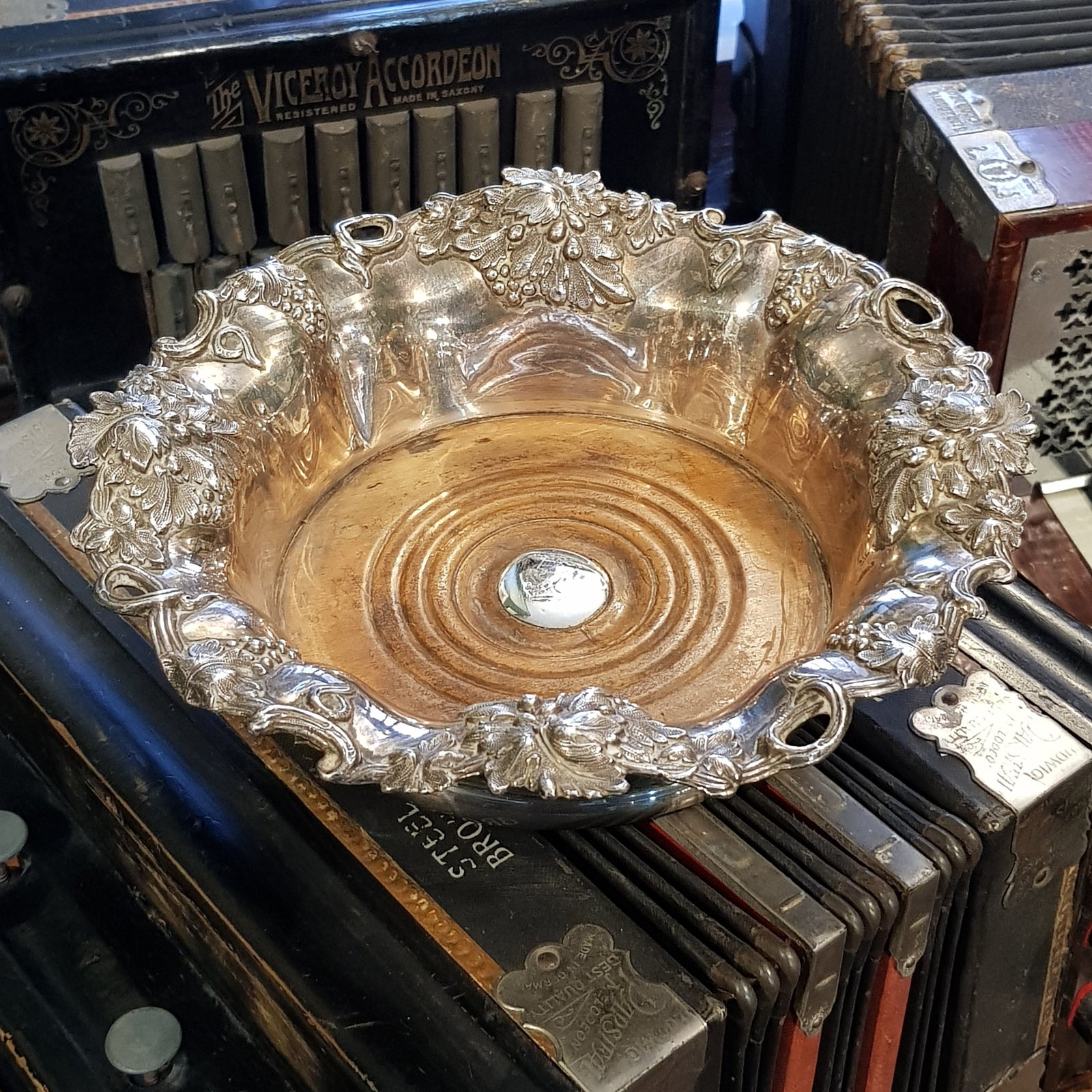 Silver Plated Copper Old Sheffield Plate Carved Walnut Fruit Theme Bottle Coaster With Crest Antique circa 1820