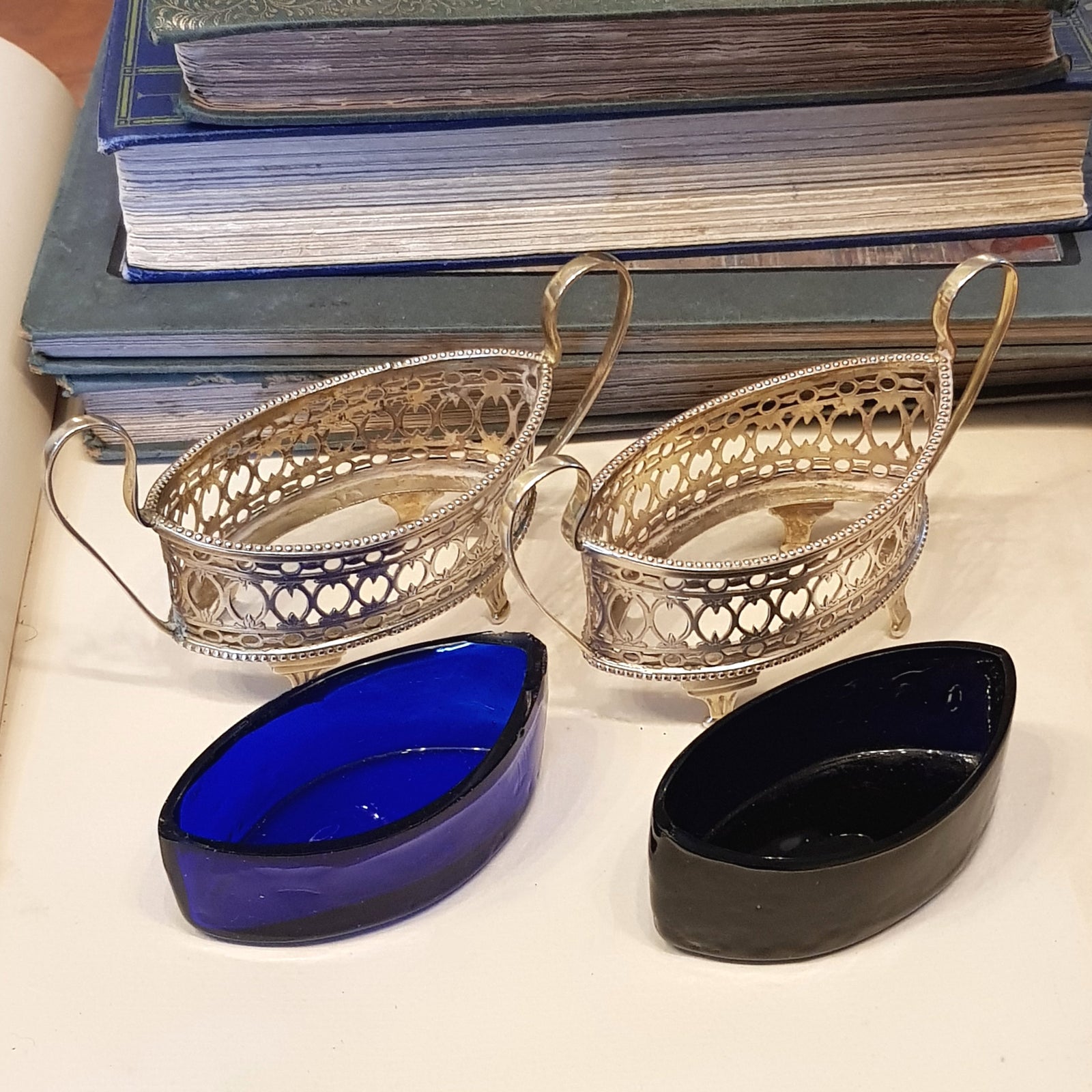 Sterling Silver Pair Of Ornate Fretted Table Salts With Cobalt Glass Liners Antique Victorian London c1868