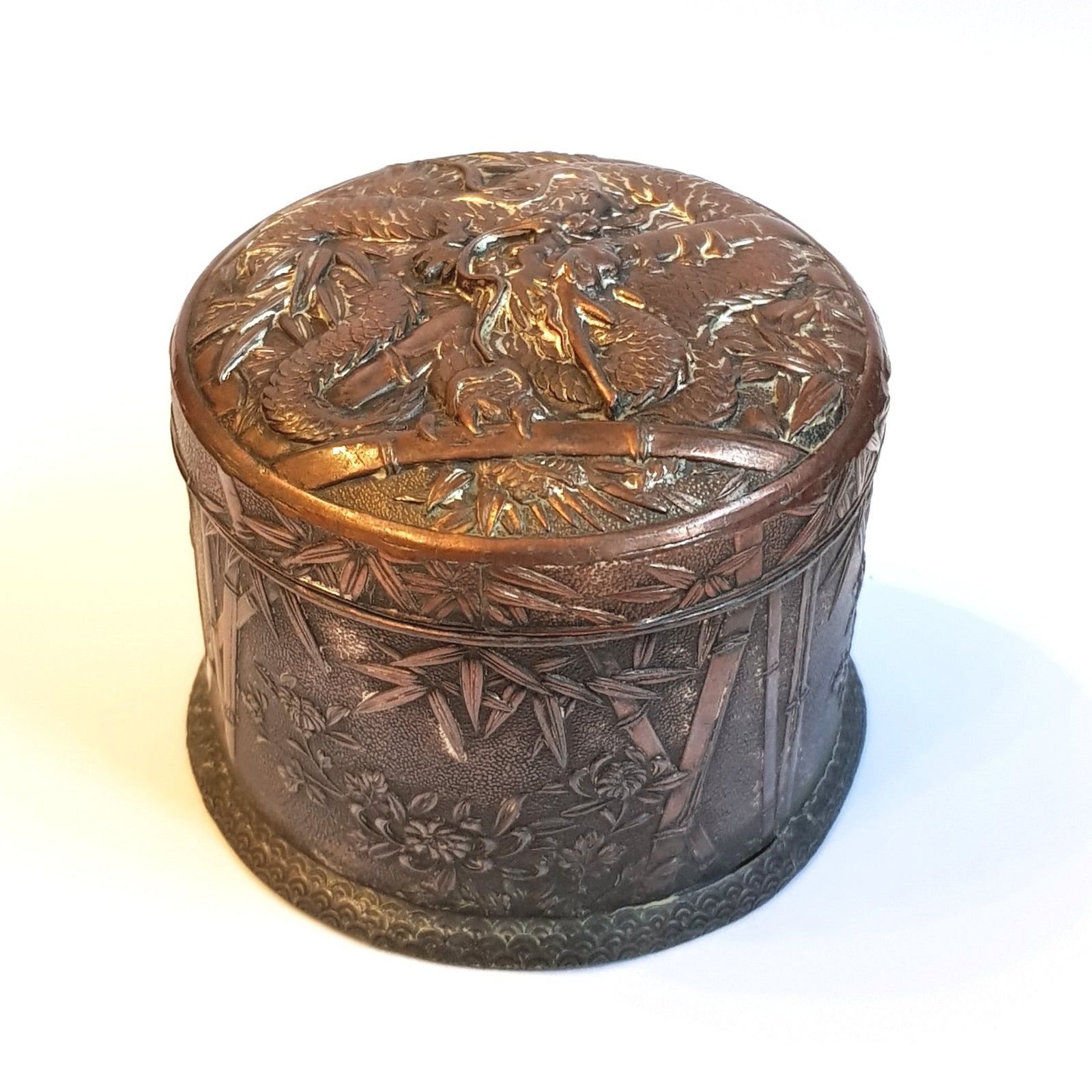 Japanese Dragon In A Bamboo Forest And Chrysanthemum Decorated Antimony Box Antique Meiji Circa 1890
