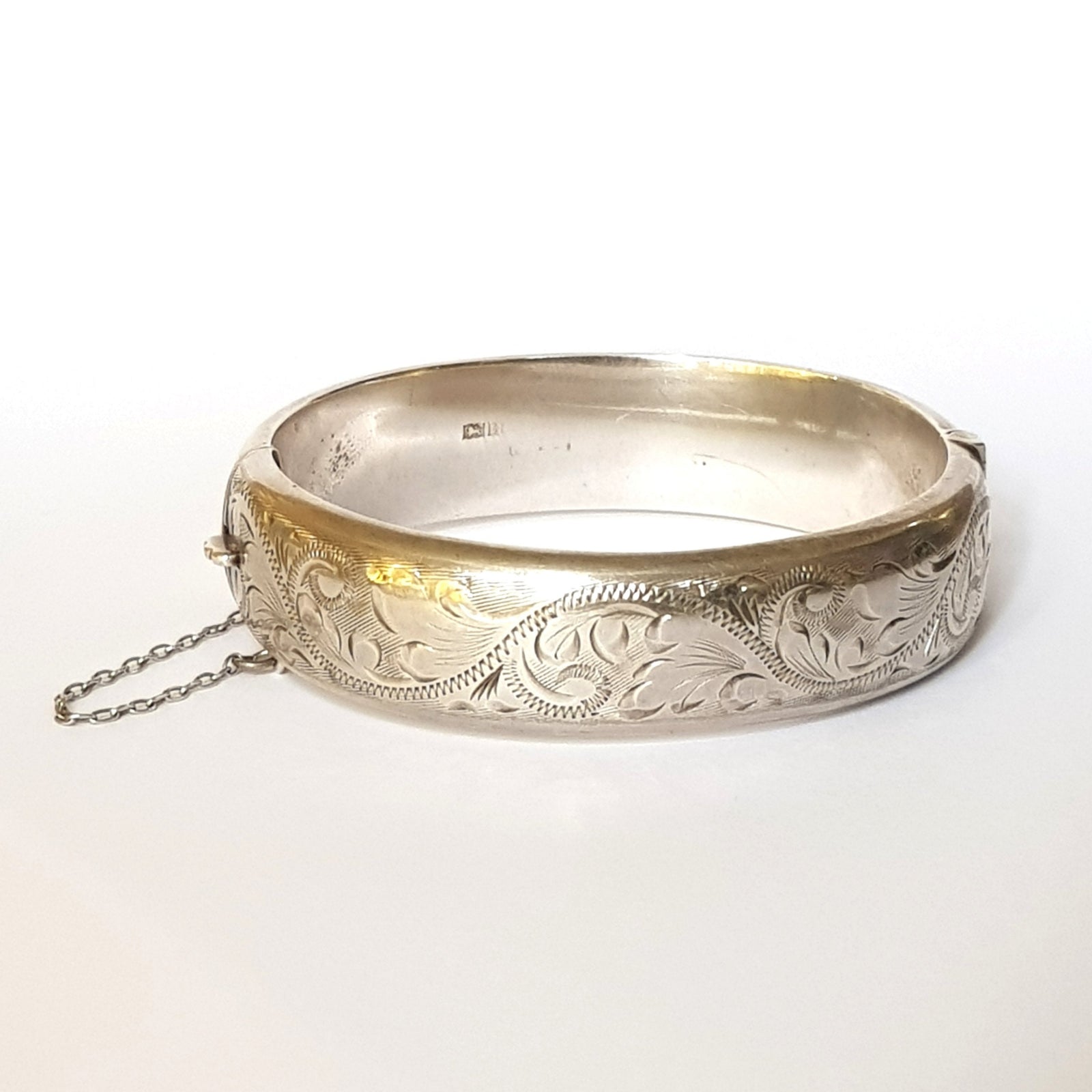 Sterling Silver Floral Chased Bangle Vintage Birmingham Circa 1974