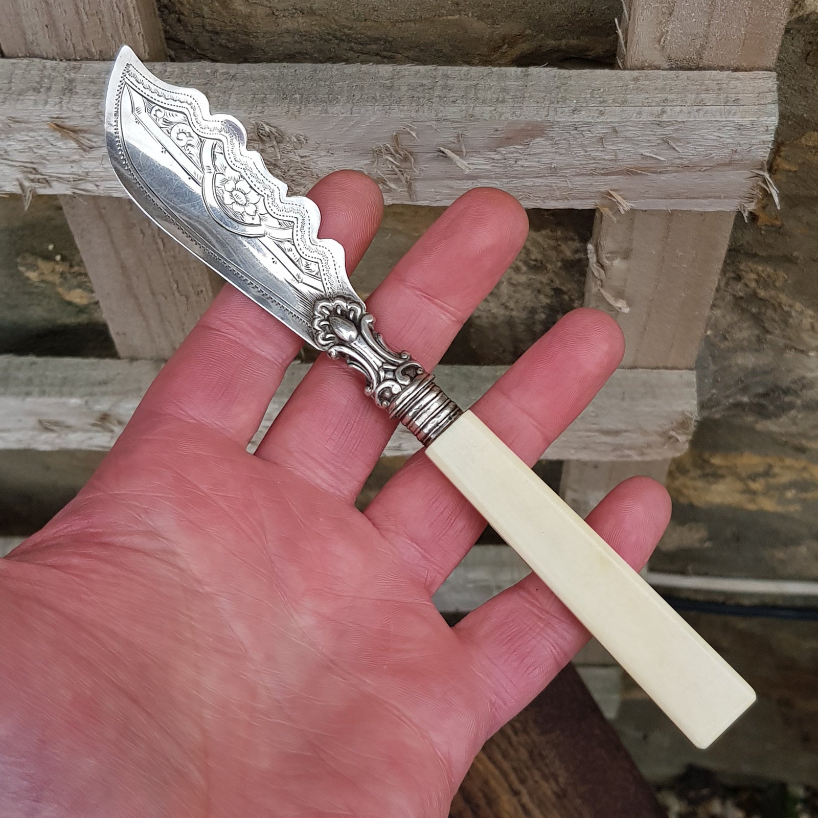 Sterling Silver Mounted Floral Chased Pate Spreader Butter Knife Antique Victorian Circa 1872