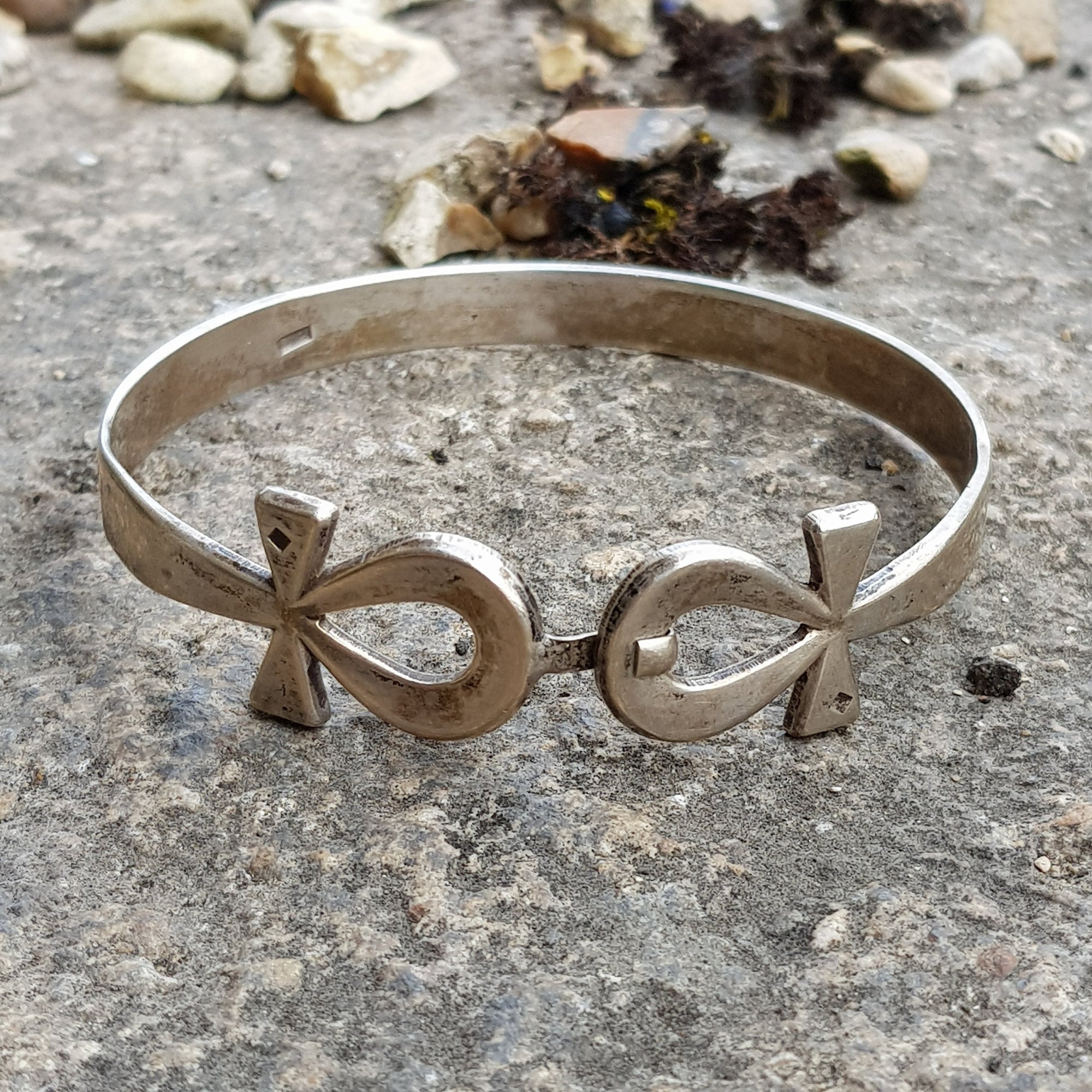 Egyptian Solid Silver Double Ankh Setting Bangle Vintage Cairo Circa 1955