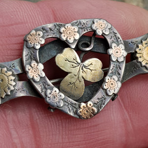 Sterling Silver And Gold Accented Love Heart Brooch Antique Birmingham circa 1893