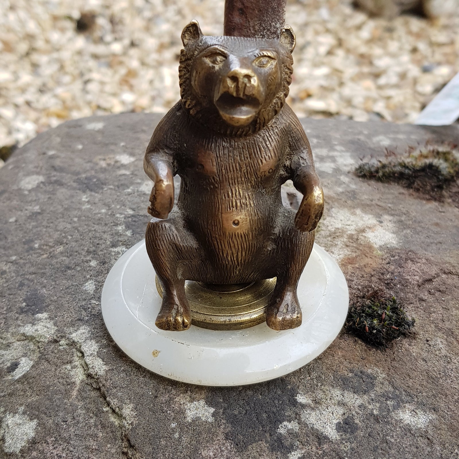 Bronze Figure Of A Sitting Bear Mounted On White Onyx Base Antique circa 1920