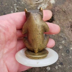 Bronze Figure Of A Sitting Bear Mounted On White Onyx Base Antique circa 1920