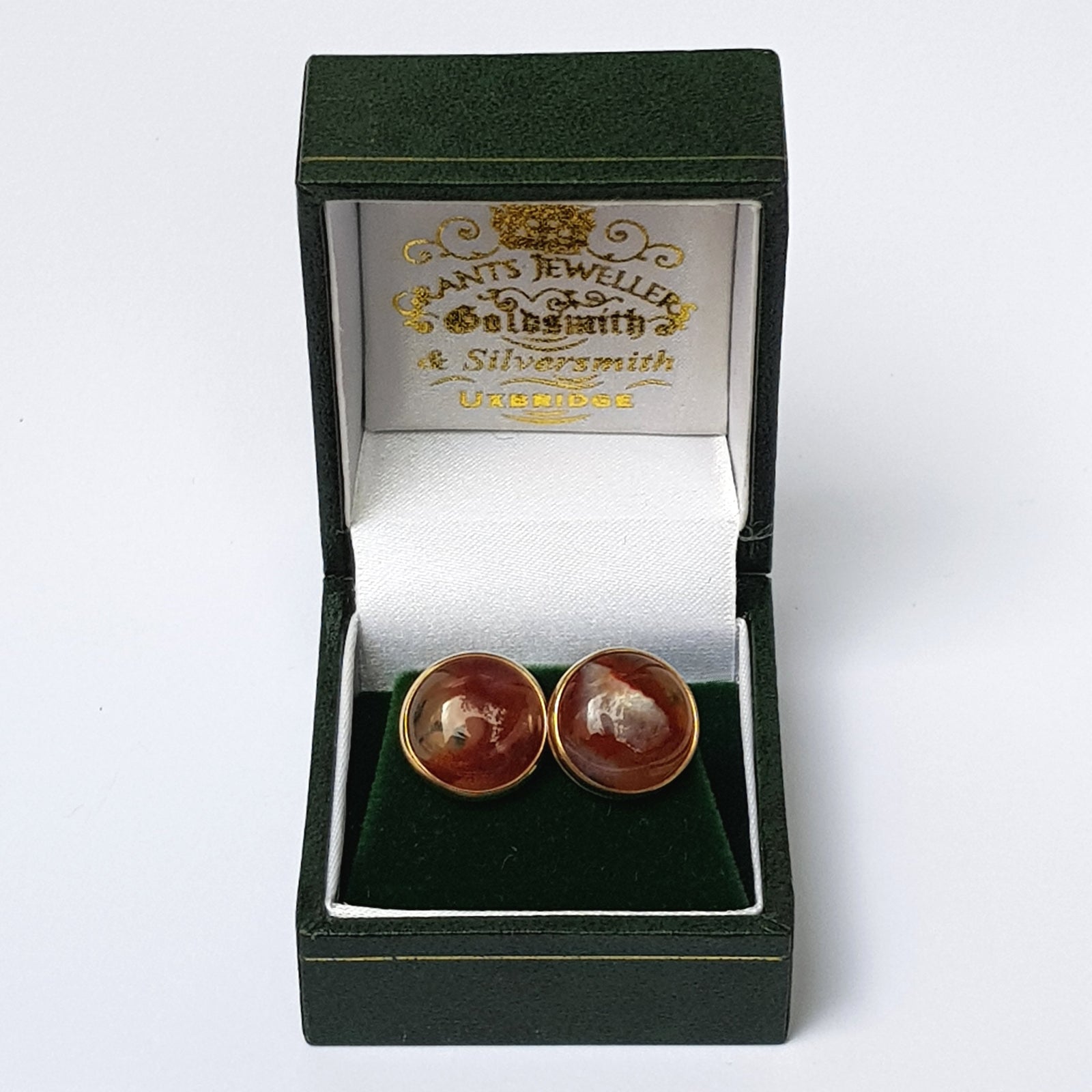 9ct Gold Agate Cabochon Set Pair Of Ear Studs Vintage Circa 1920's