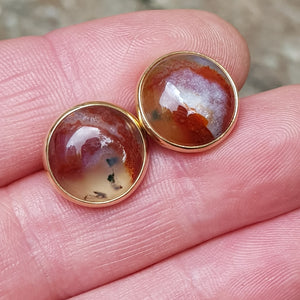 9ct Gold Agate Cabochon Set Pair Of Ear Studs Vintage Circa 1920's