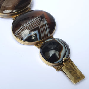 Artisan Jeweller Made Gilt Metal Banded Agate Cabochon Panel Bracelet Antique Victorian Circa 1880