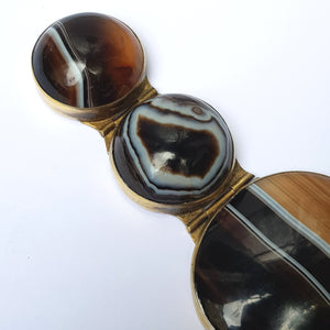Artisan Jeweller Made Gilt Metal Banded Agate Cabochon Panel Bracelet Antique Victorian Circa 1880