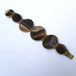 Artisan Jeweller Made Gilt Metal Banded Agate Cabochon Panel Bracelet Antique Victorian Circa 1880
