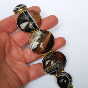 Artisan Jeweller Made Gilt Metal Banded Agate Cabochon Panel Bracelet Antique Victorian Circa 1880