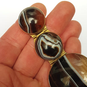 Artisan Jeweller Made Gilt Metal Banded Agate Cabochon Panel Bracelet Antique Victorian Circa 1880
