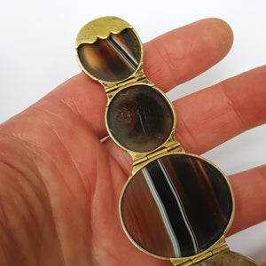 Artisan Jeweller Made Gilt Metal Banded Agate Cabochon Panel Bracelet Antique Victorian Circa 1880