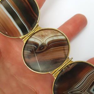 Artisan Jeweller Made Gilt Metal Banded Agate Cabochon Panel Bracelet Antique Victorian Circa 1880