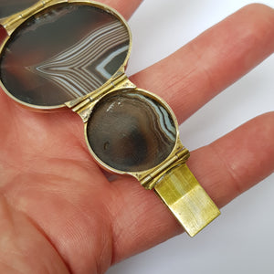 Artisan Jeweller Made Gilt Metal Banded Agate Cabochon Panel Bracelet Antique Victorian Circa 1880