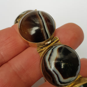 Artisan Jeweller Made Gilt Metal Banded Agate Cabochon Panel Bracelet Antique Victorian Circa 1880