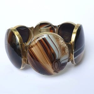 Artisan Jeweller Made Gilt Metal Banded Agate Cabochon Panel Bracelet Antique Victorian Circa 1880