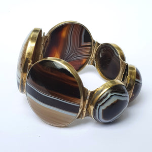 Artisan Jeweller Made Gilt Metal Banded Agate Cabochon Panel Bracelet Antique Victorian Circa 1880