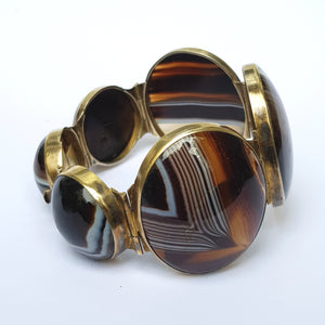 Artisan Jeweller Made Gilt Metal Banded Agate Cabochon Panel Bracelet Antique Victorian Circa 1880