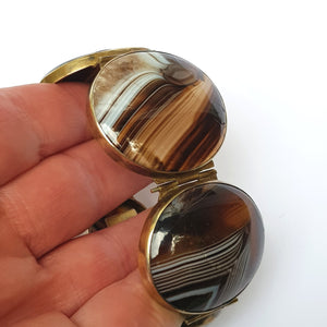 Artisan Jeweller Made Gilt Metal Banded Agate Cabochon Panel Bracelet Antique Victorian Circa 1880