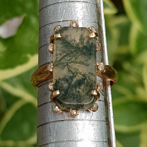 Rare Moss Agate And Old Cut Diamond Set Ring Size UK N 1/2 Antique Victorian circa 1870's