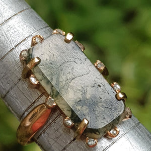 Rare Moss Agate And Old Cut Diamond Set Ring Size UK N 1/2 Antique Victorian circa 1870's