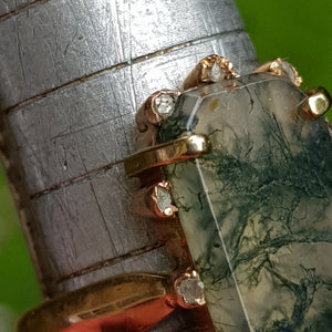Rare Moss Agate And Old Cut Diamond Set Ring Size UK N 1/2 Antique Victorian circa 1870's