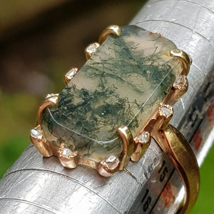 Rare Moss Agate And Old Cut Diamond Set Ring Size UK N 1/2 Antique Victorian circa 1870's