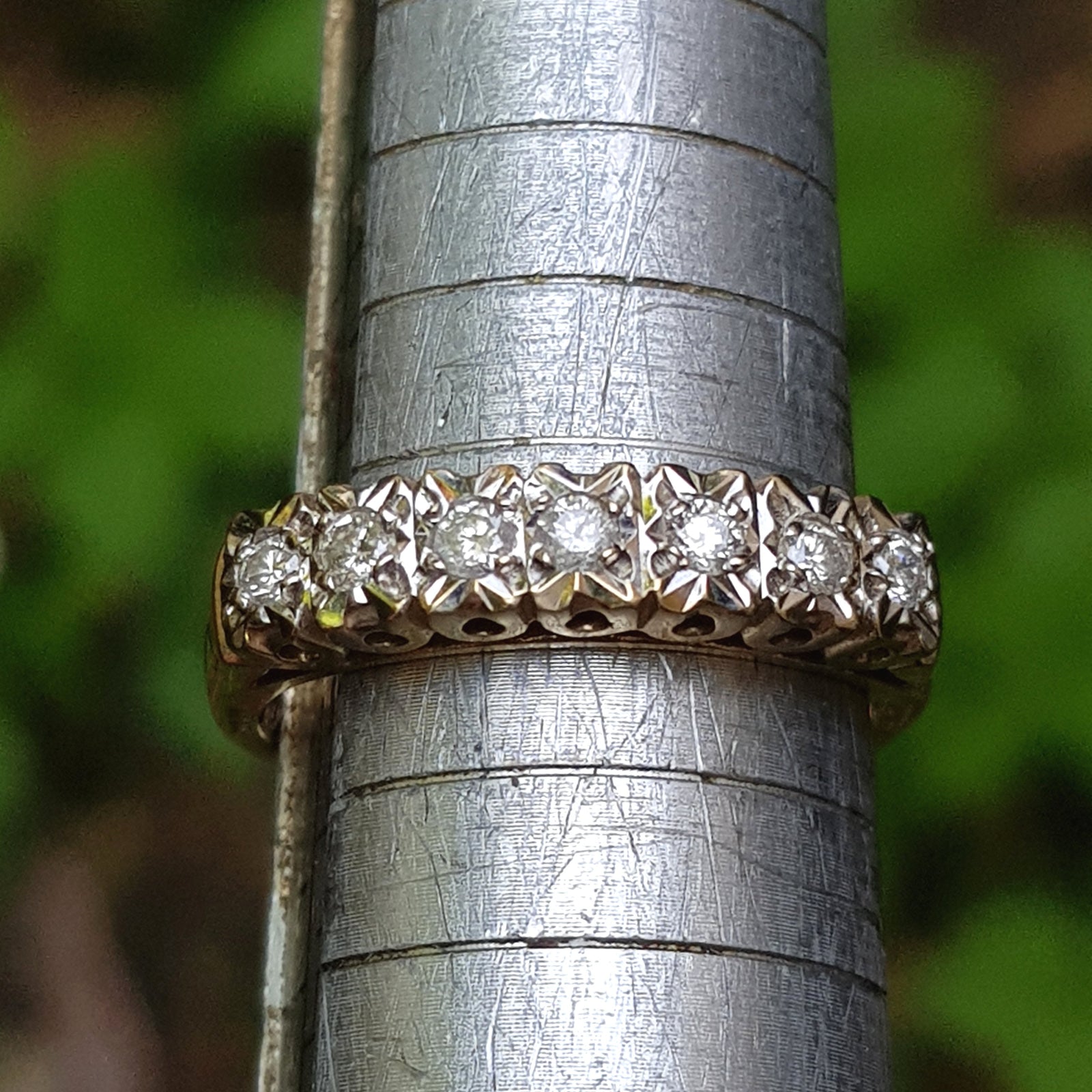 9k Gold Half Eternity 7 Stone Diamond Ring Size UK N Vintage London Circa 1977