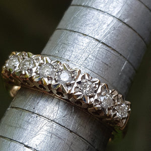 9k Gold Half Eternity 7 Stone Diamond Ring Size UK N Vintage London Circa 1977