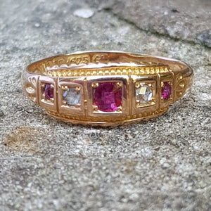 15k Gold Ruby And Diamond Ring Size UK P 1/2 Antique Birmingham Circa 1895