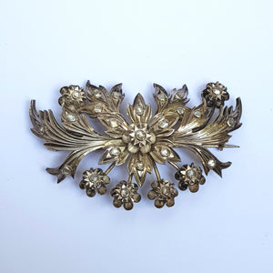 Sterling Silver Mine Cut Diamond Set Chase Detailed Large Flower Brooch Antique Georgian Circa 1810