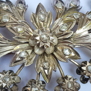 Sterling Silver Mine Cut Diamond Set Chase Detailed Large Flower Brooch Antique Georgian Circa 1810
