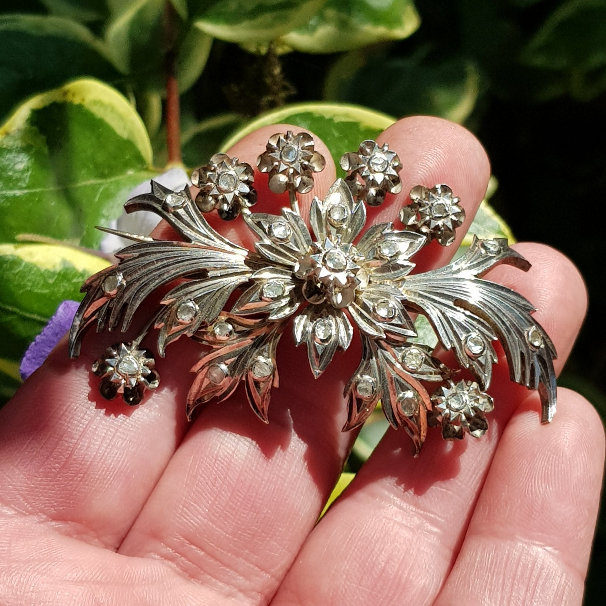 Sterling Silver Mine Cut Diamond Set Chase Detailed Large Flower Brooch Antique Georgian Circa 1810