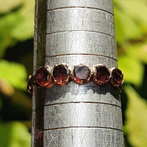 9k Gold Foil Backed Almandine Garnet Five Stone Gallery Ring Antique Georgian Circa 1770's