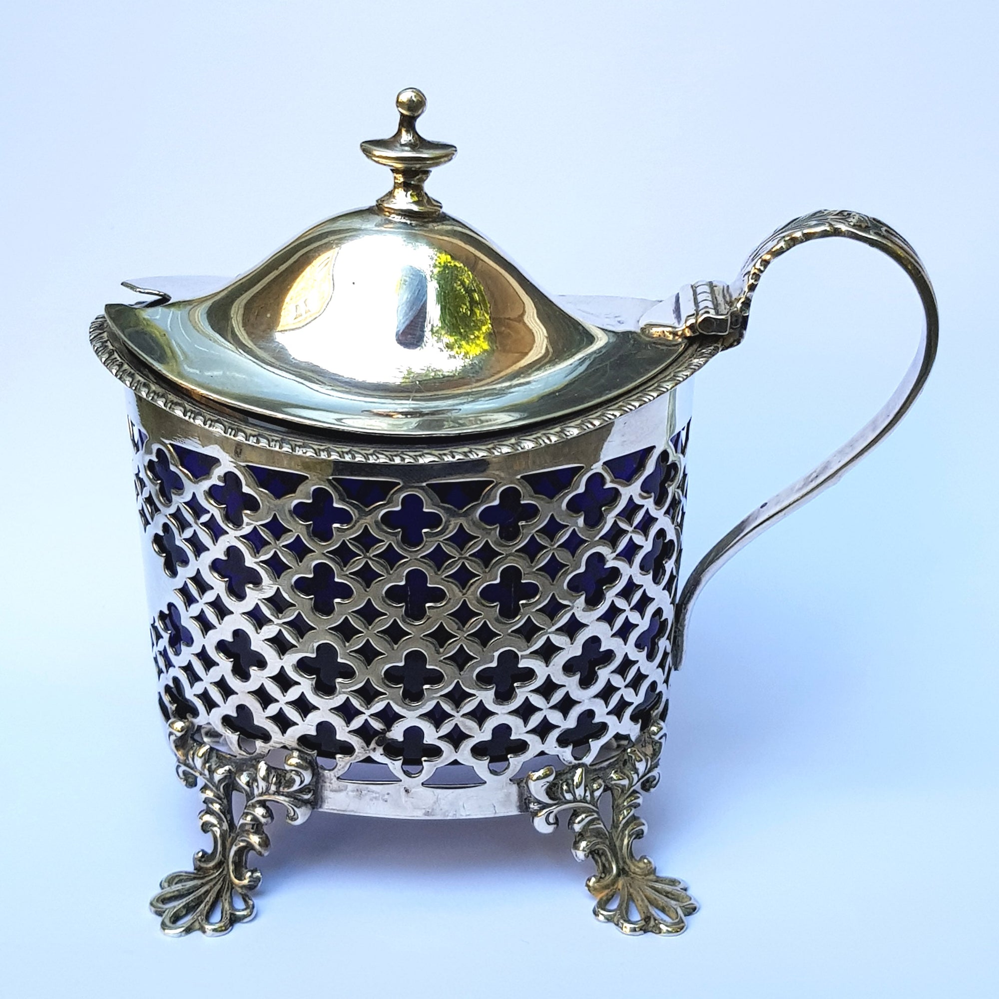 Sterling Silver Pierced Gothic Budded Cross Caged Table Mustard Pot Antique Edwardian Chester Circa 1906
