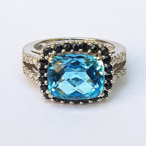 9k White Gold Topaz Sapphire And Diamond Cocktail Ring Size UK I 1/2 Circa 2000